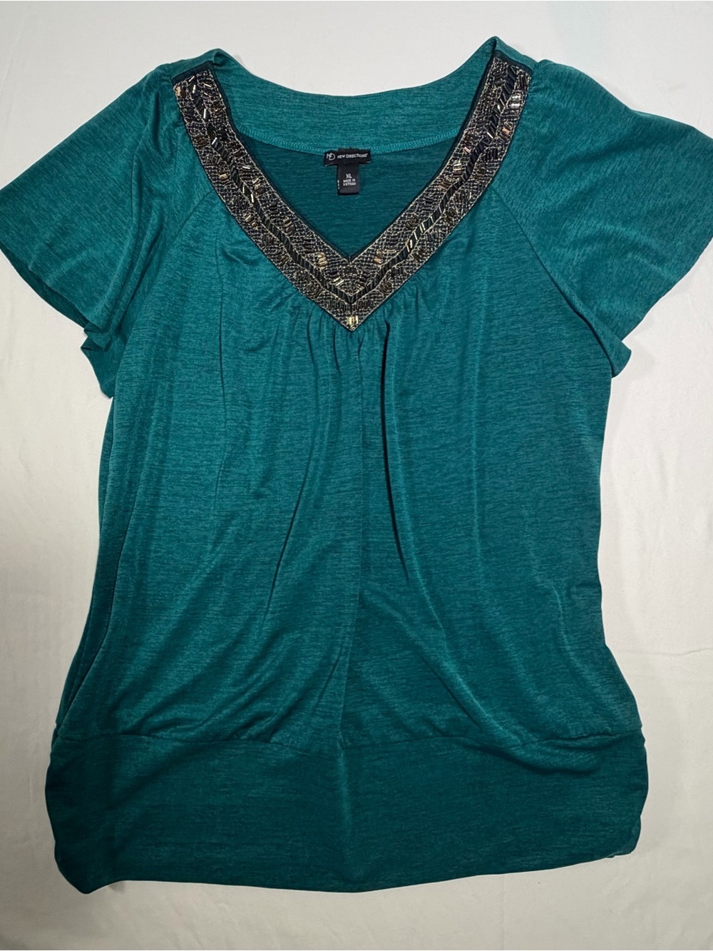 new directions Teal V-Neck Short Sleeve Top with Beaded Trim